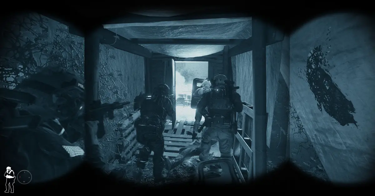 Equipo SWAT de Ready or Not fuertemente armado preparándose para irrumpir en una habitación oscura