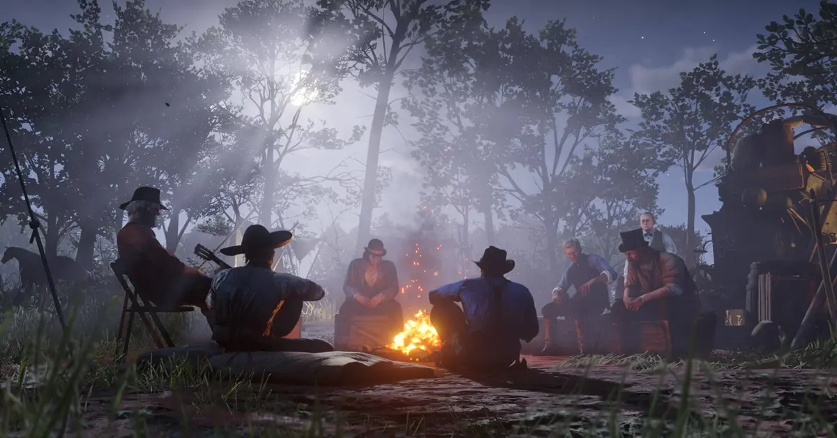 Interacción detallada en el campamento en Red Dead Redemption 2.