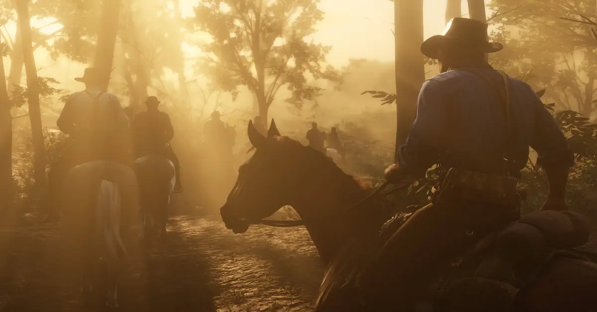 Una vista detallada de un bosque denso con la luz del sol abriéndose paso entre los árboles en Red Dead Redemption 2 en PC