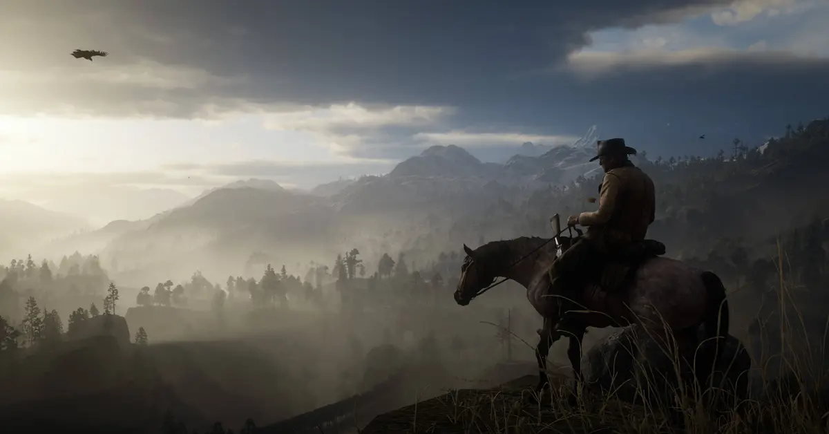 Arthur Morgan montando a caballo a través de un vasto y pintoresco paisaje del Salvaje Oeste en Red Dead Redemption 2