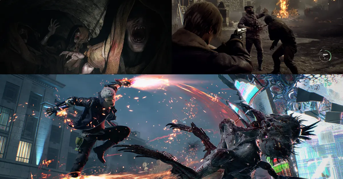 Una imagen en pantalla dividida que compara momentos de juego de Resident Evil 4 Remake, Resident Evil Village y Devil May Cry 5