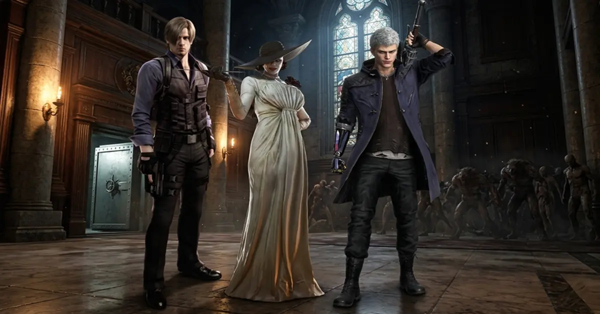 Leon S. Kennedy de Resident Evil 4 Remake junto a Lady Dimitrescu de Resident Evil Village y Nero de Devil May Cry 5