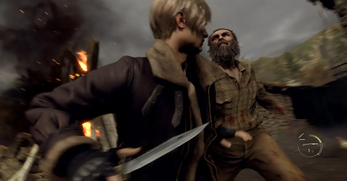 Leon luchando contra aldeanos infectados durante un intenso encuentro de combate en Resident Evil 4 Remake