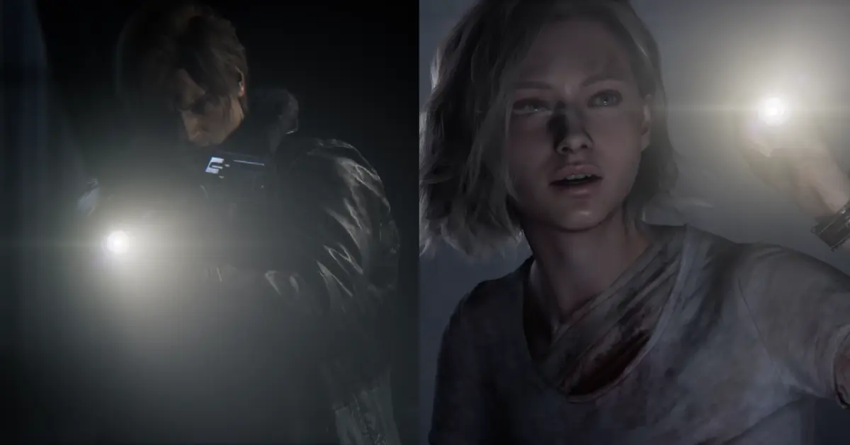 Pantalla dividida mostrando a Leon disparando un arma y a Grace escondiéndose con una linterna