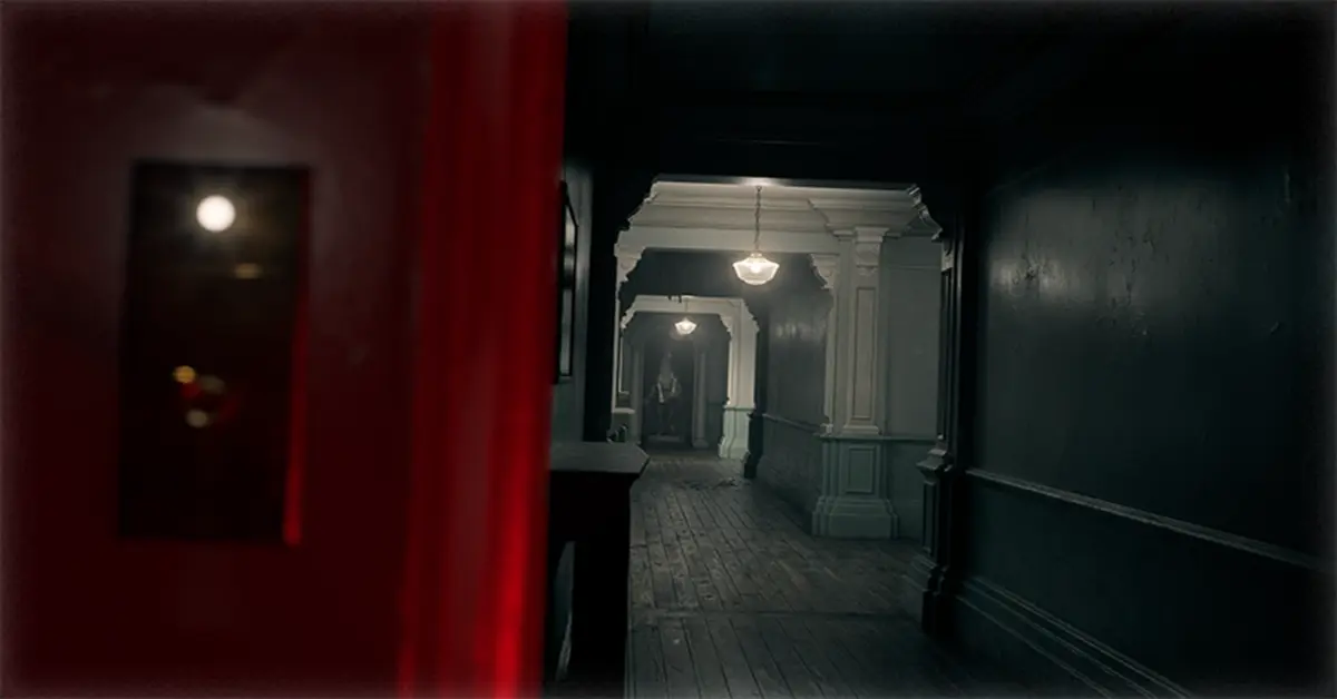 Captura de pantalla del juego en el hotel abandonado en Resident Evil Requiem