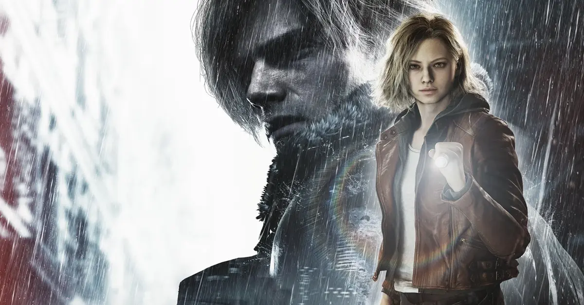 Leon S. Kennedy y Grace Ashcroft explorando una calle oscura y cubierta de niebla en Resident Evil Requiem