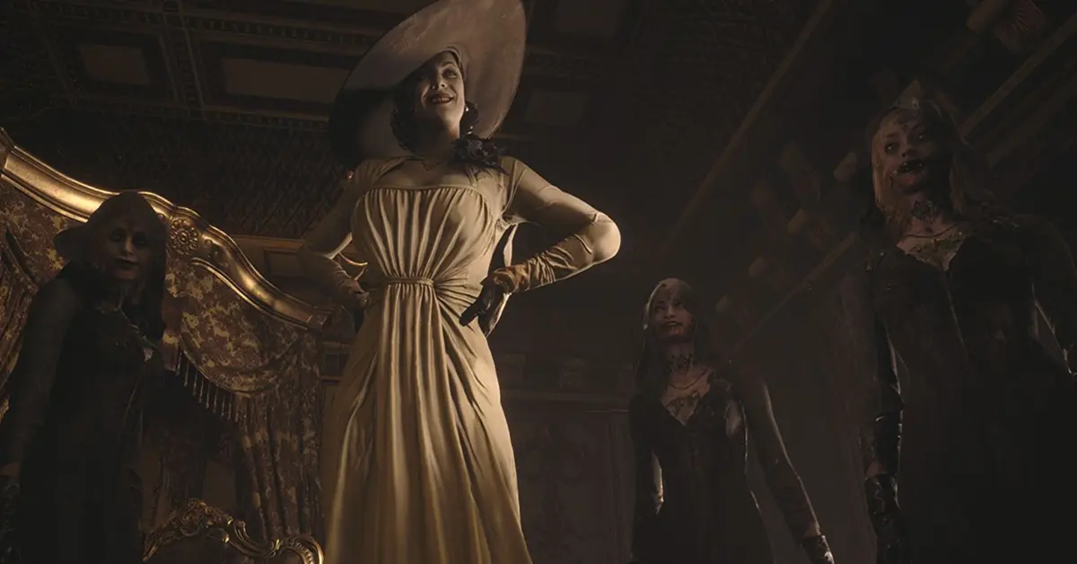 Ethan Winters, protagonista de Resident Evil Village, frente a la imponente Lady Dimitrescu en el oscuro pasillo de un castillo