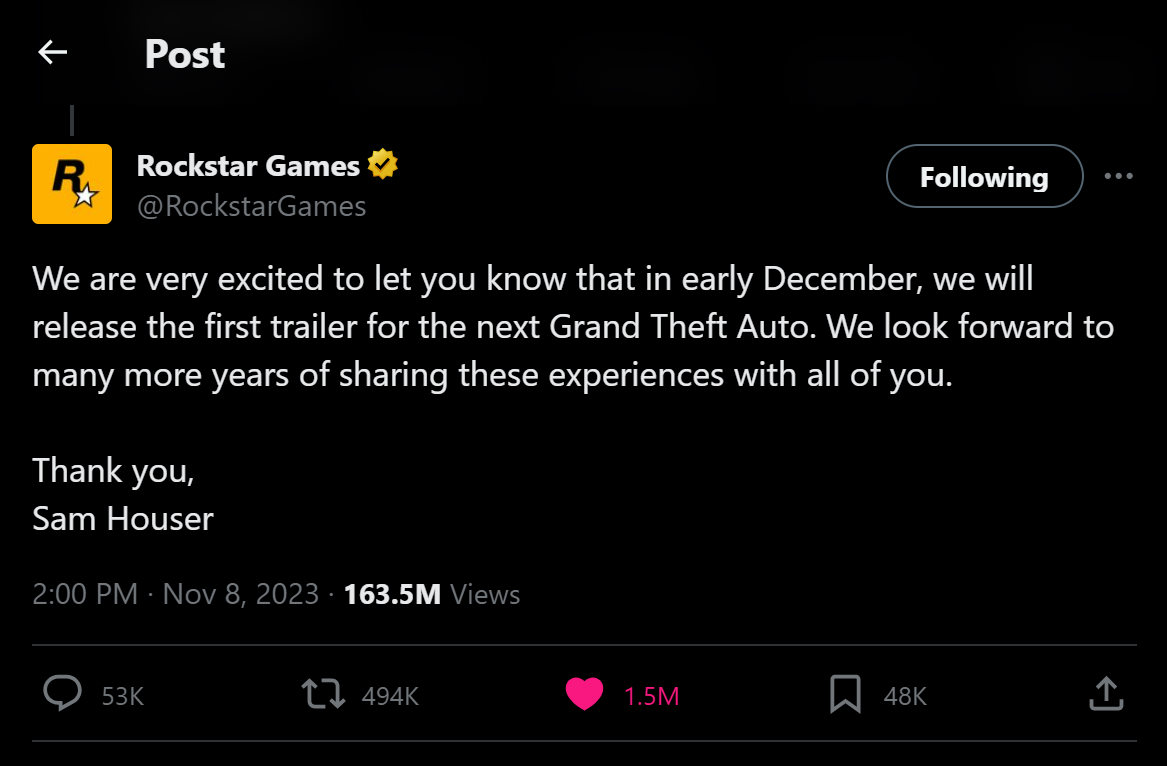 Tweet oficial de Rockstar del 25 aniversario