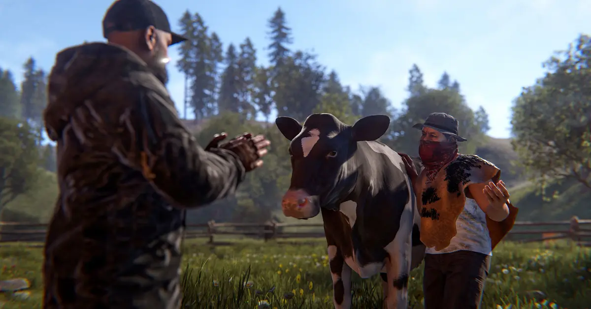 Jugador cuidando vacas y ovejas en una base fortificada de Rust durante la actualización Livestock