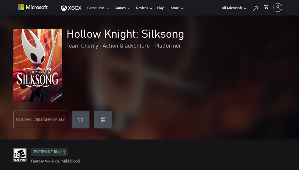 Página de la Tienda de Microsoft para Hollow Knight Silksong