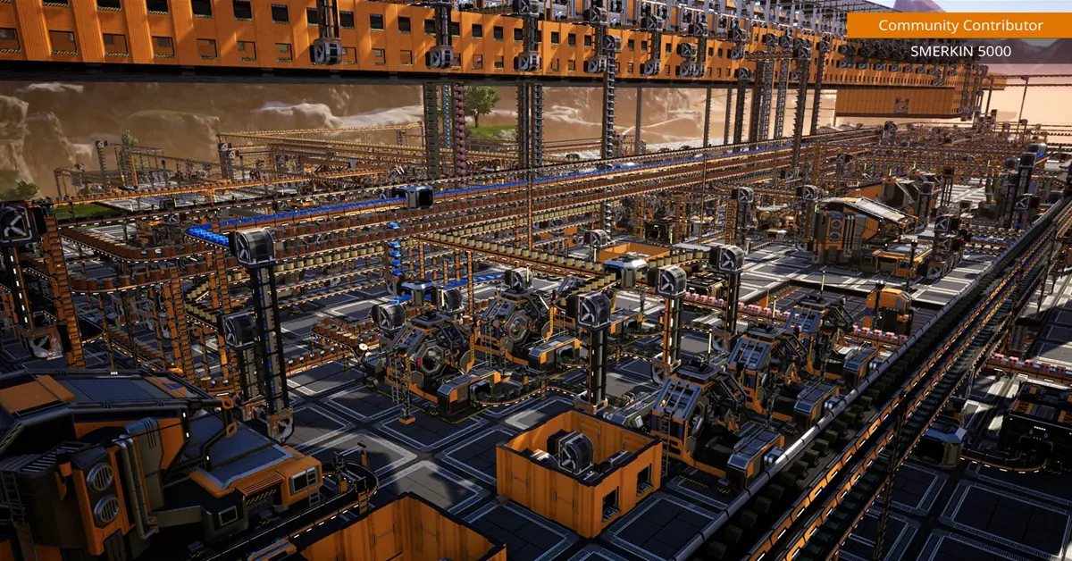 Un enorme y automatizado complejo industrial de varios niveles en Satisfactory, que cuenta con cintas transportadoras y maquinaria de refinamiento.