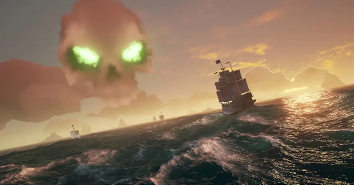 Galeón pirata navegando en una tormenta en Sea of Thieves