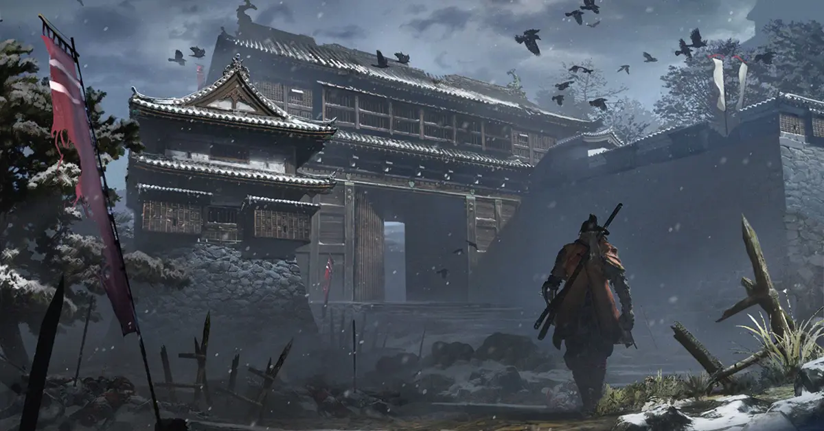 El Lobo de pie con su katana en el entorno del Japón de la era Sengoku de Sekiro Shadows Die Twice