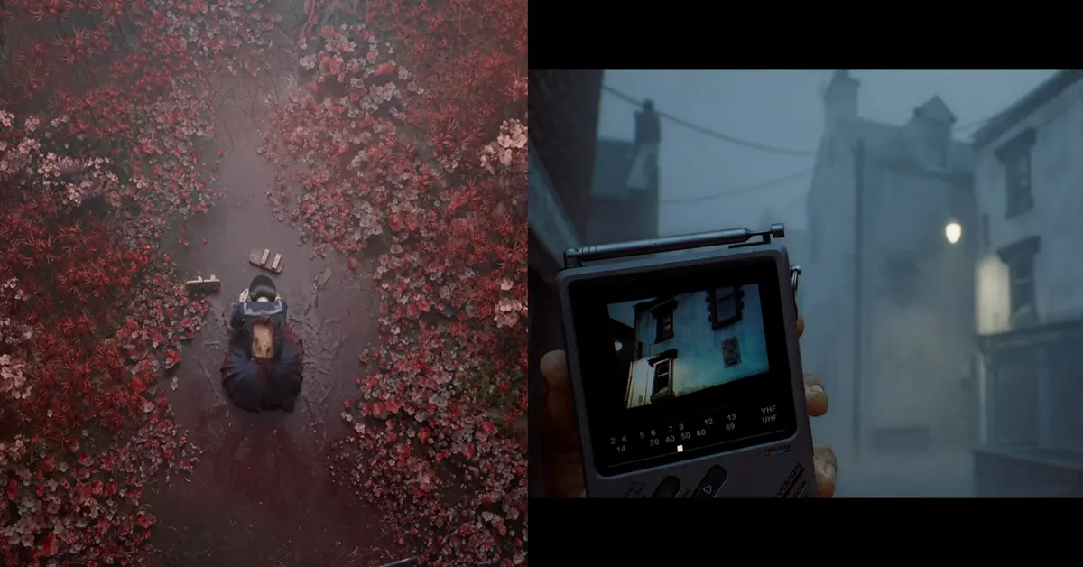 Imagen dividida que compara el terror psicológico floral de Silent Hill f con la interfaz de monitor retro-analógico de Silent Hill Townfall.