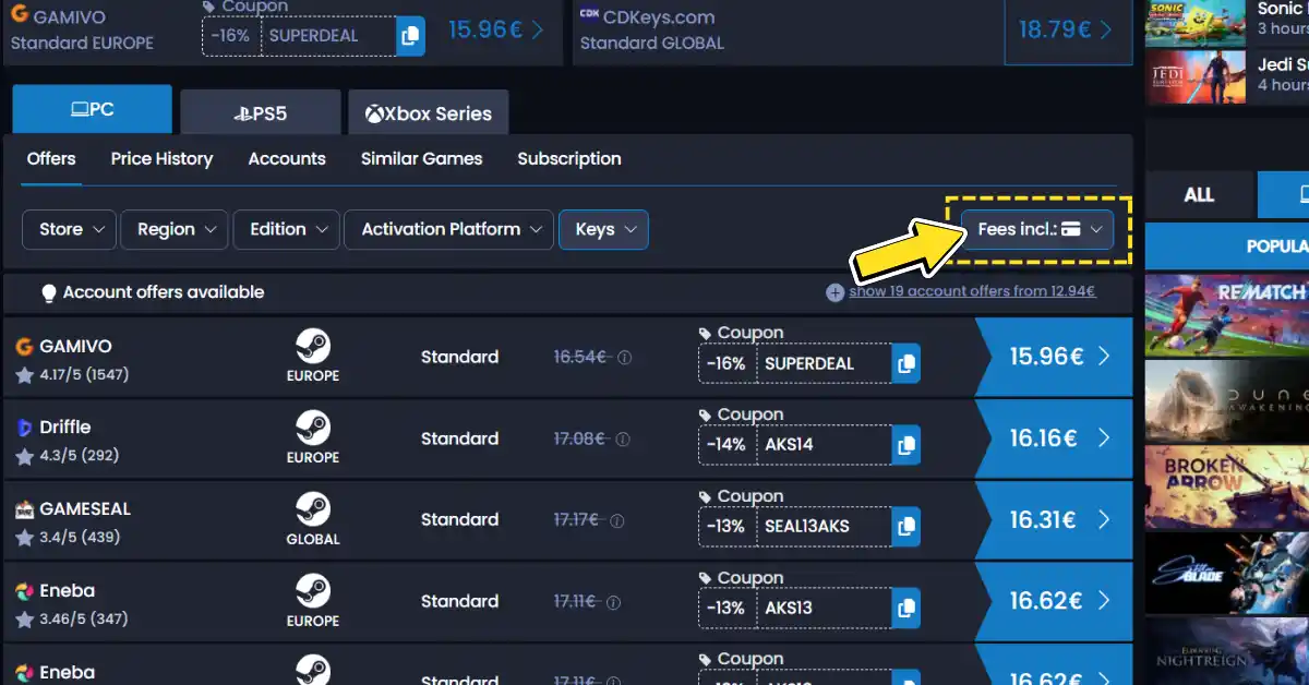 Opción de filtro de tarifas de tienda Clavecd