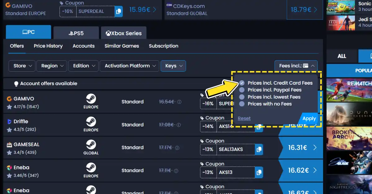 Filtros de tarifas de tienda Clavecd