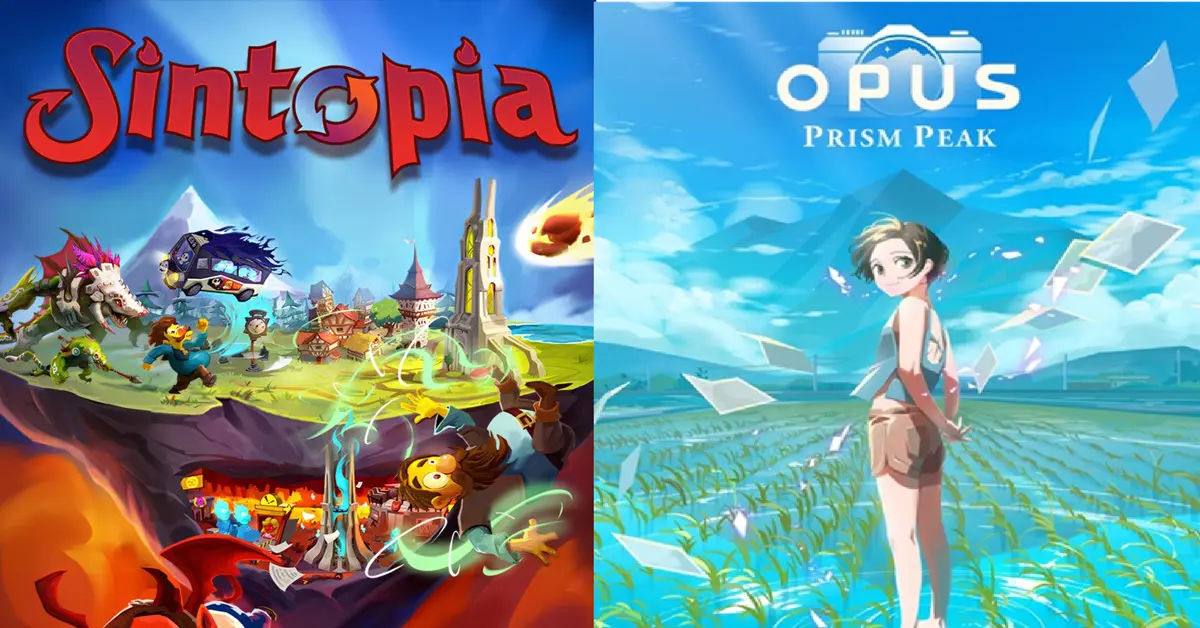 Comparación en pantalla dividida de la jugabilidad de Sintopia y el paisaje de OPUS Prism Peak.