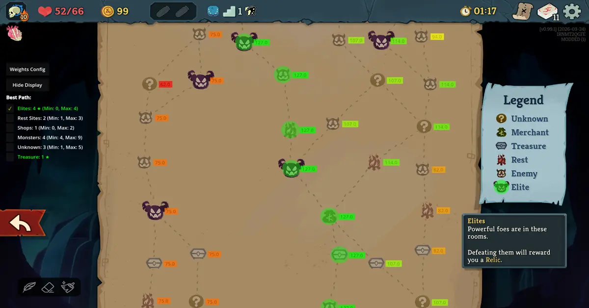 El nuevo personaje Necrobinder seleccionando una ruta de combate en la pantalla del mapa de Slay the Spire 2.