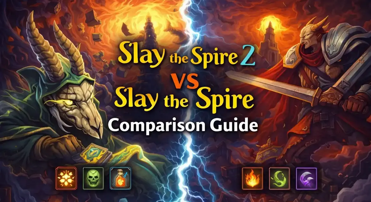 Comparación lado a lado de Slay the Spire 2 y el juego original destacando las mejoras de la interfaz de usuario.
