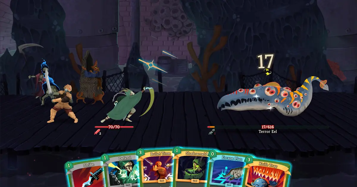 Interfaz de usuario de Slay the Spire 2 que muestra el nuevo arte provisional al estilo de MS Paint durante una batalla de cartas.