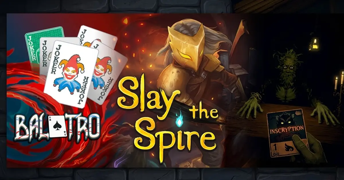 Collage de cartas comodín de Balatro, personaje de Slay the Spire y repartidor sombrío de Inscryption