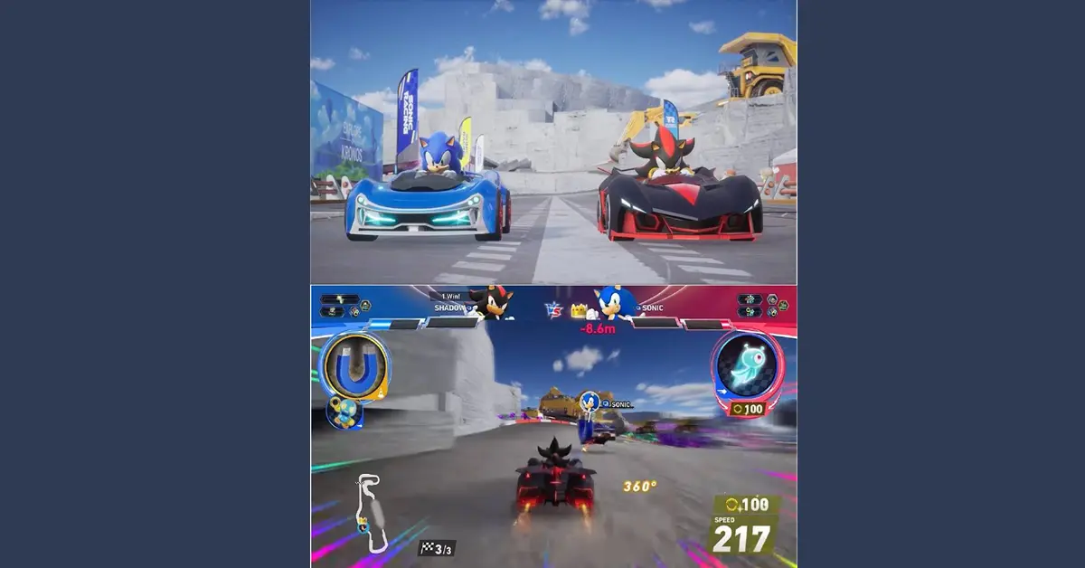 Vista de pantalla dividida del nuevo modo Duelo 1v1 en Sonic Racing CrossWorlds