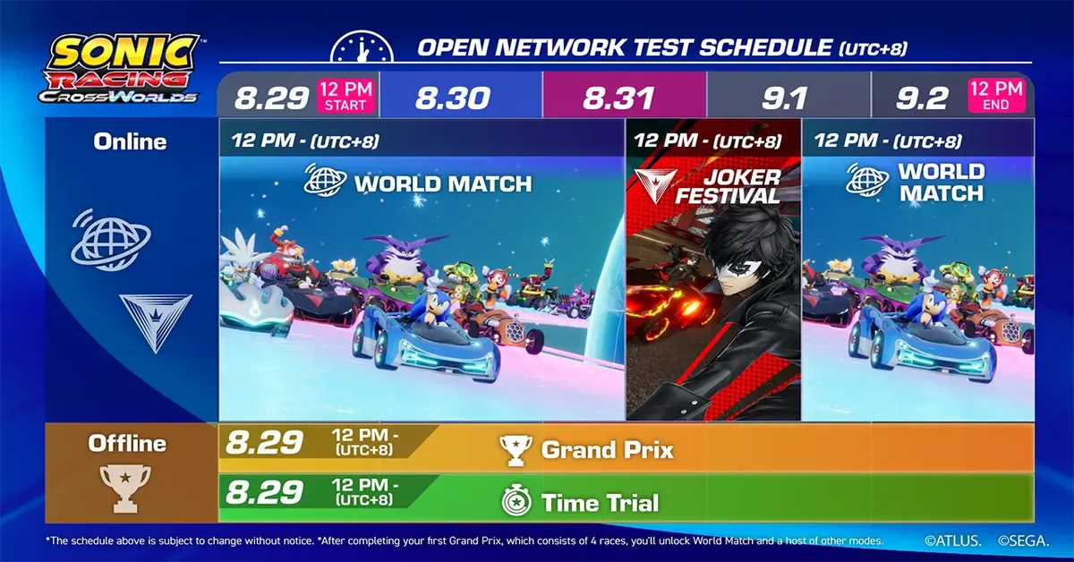 Sonic Racing CrossWorlds Open Network Test World Match Schedule