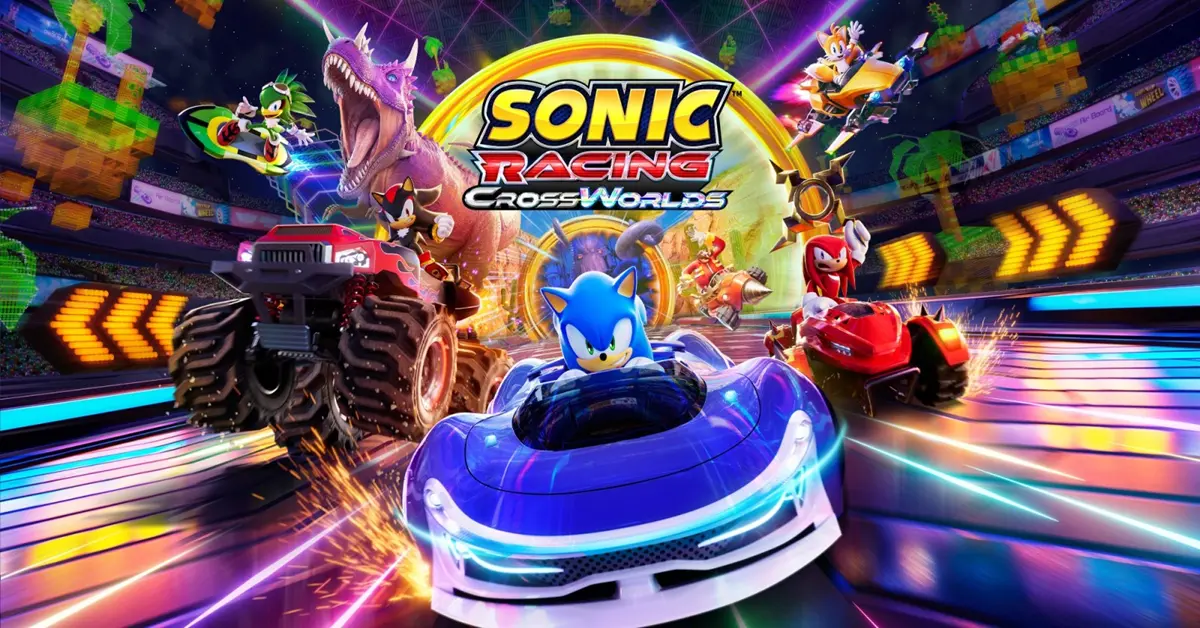 Personajes de Sonic Racing CrossWorlds derrapando en un circuito iluminado con neón destacando la actualización del Año Dos