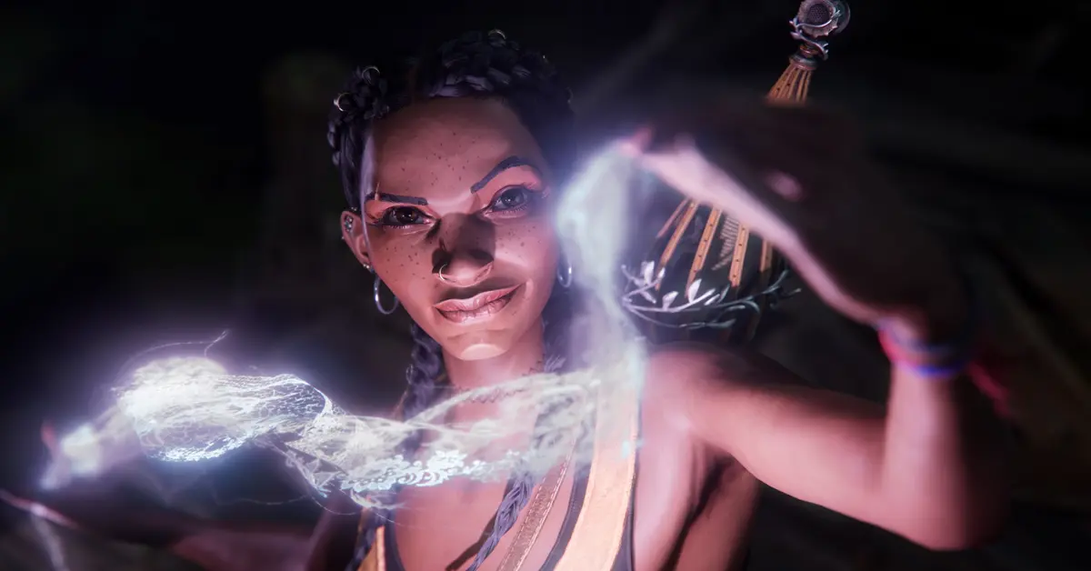 Hazel usando la magia del tejido contra criaturas míticas en South of Midnight