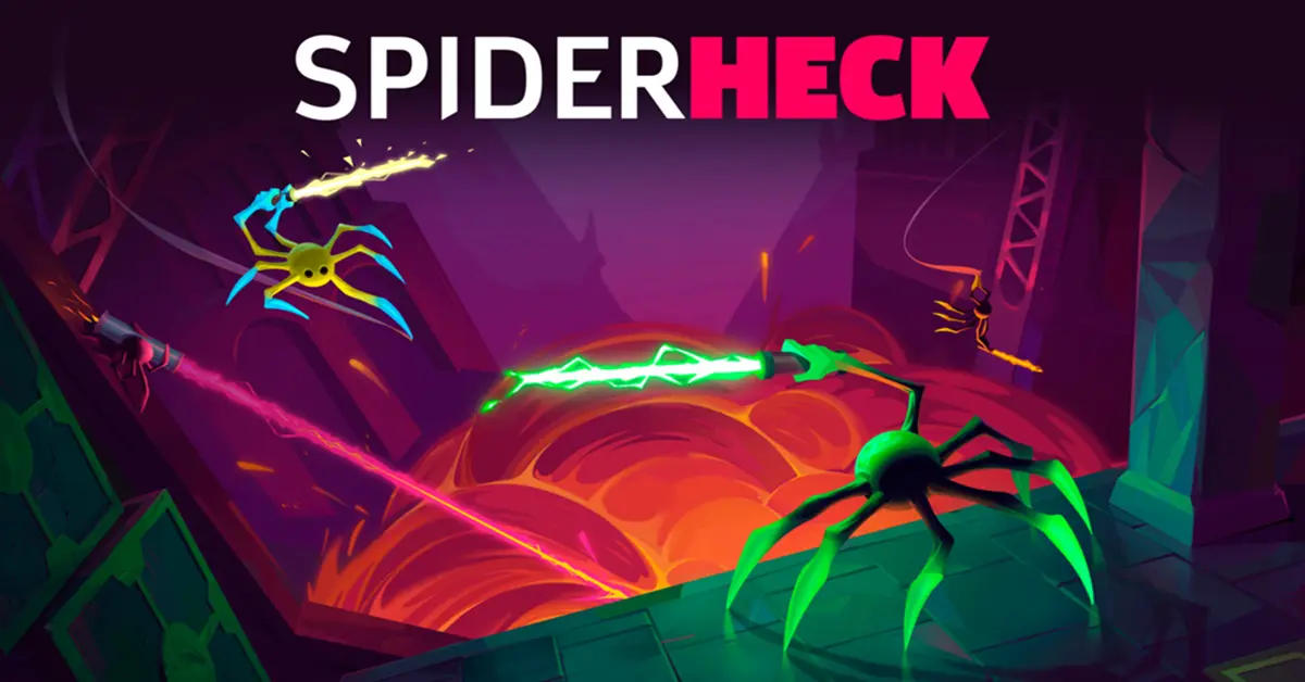Arañas de colores neón luchando con espadas láser en una arena basada en la física en SpiderHeck.