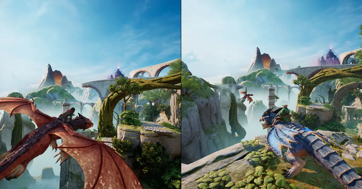 Mio y Zoe navegando por un diseño de mundo de fantasía vibrante a través de mecánicas de pantalla dividida