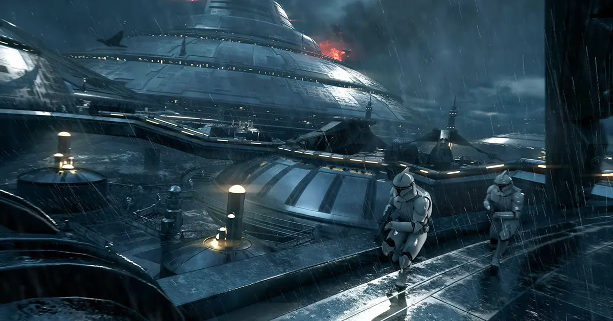 Una vista detallada de un Soldado Clon recorriendo el mapa multijugador empapado por la lluvia de Kamino.