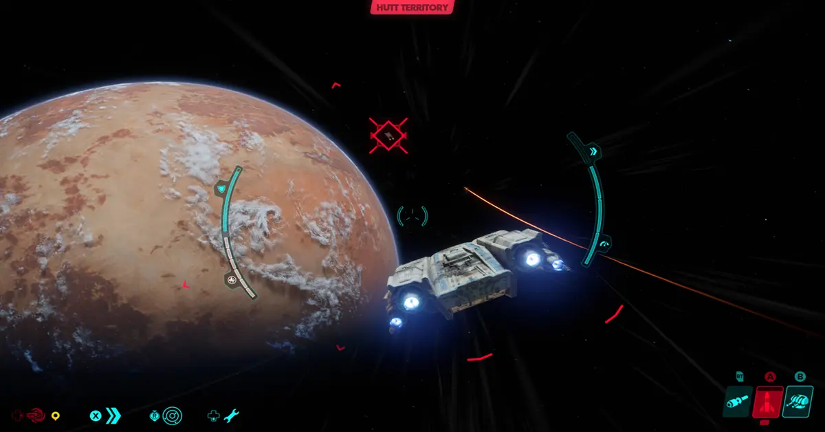 Captura de pantalla del juego con Kay Vess pilotando la Trailblazer y participando en combates de mundo abierto.