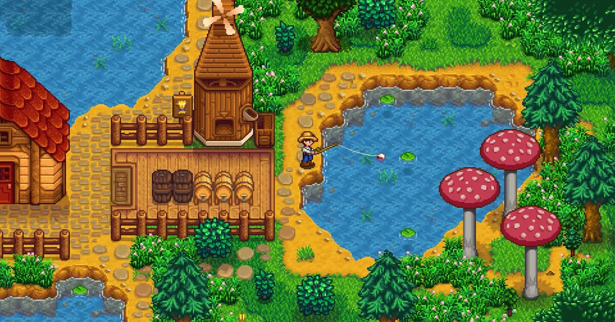 Un personaje jugador pescando cerca del lago de la montaña en Stardew Valley durante la primavera.