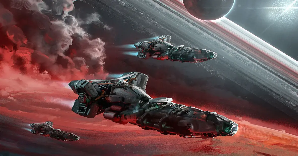 Una nave espacial detallada volando hacia un enorme planeta con anillos en Starfield.