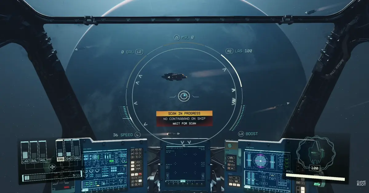 Gameplay de Starfield en PS5 mostrando una nave espacial personalizada orbitando un vibrante planeta con anillos.