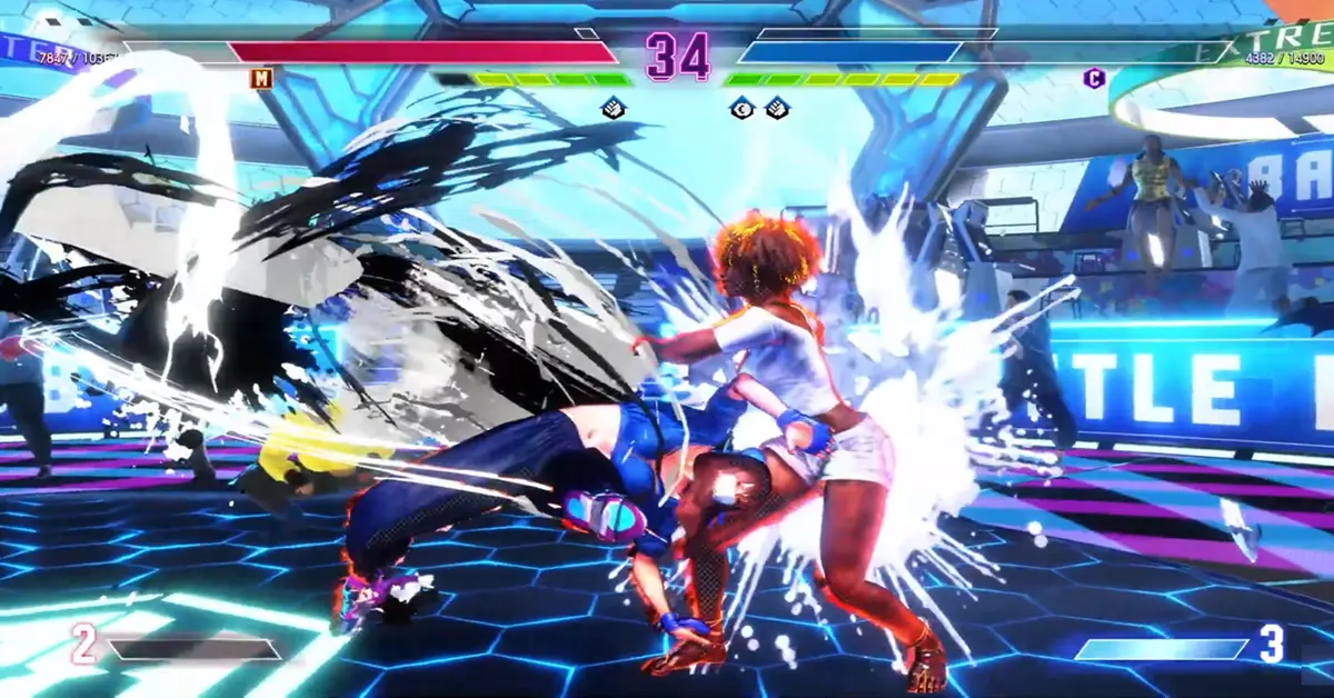 Gameplay de Street Fighter 6 que muestra una maniobra de Drive Impact en el Battle Hub.