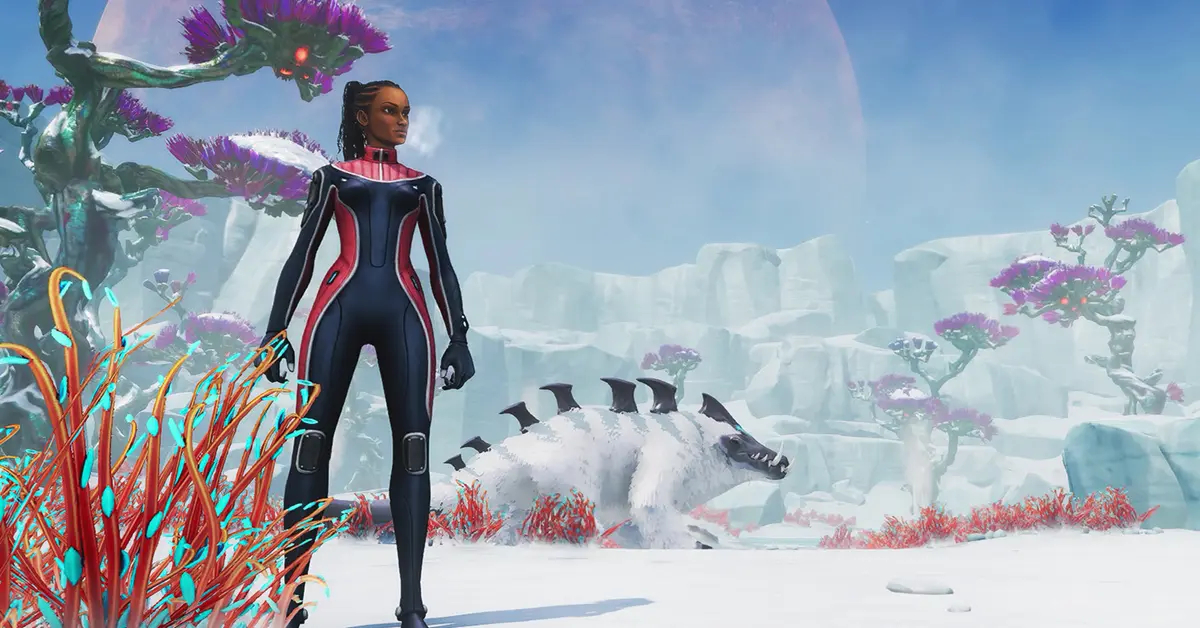 Arte del 5º aniversario de Subnautica: Below Zero que muestra al protagonista en un acantilado helado con vistas a un océano congelado.