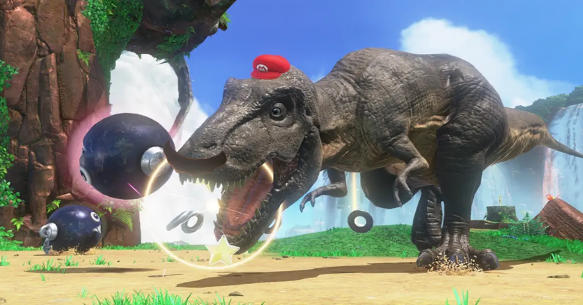 Mario controlando a un enorme y realista T-Rex en el prehistórico Reino de las Cataratas mientras lleva a Cappy.