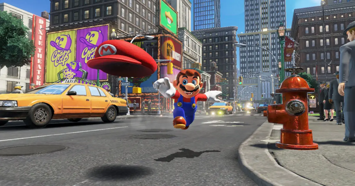 Mario saltando por el aire y lanzando a Cappy hacia un taxi amarillo en el bullicioso Reino Urbano.