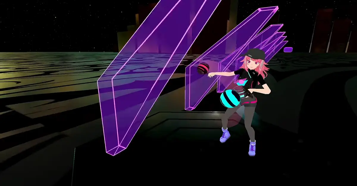 Una perspectiva en tercera persona que muestra a un jugador de VR agachándose físicamente para esquivar un obstáculo en Synth Riders.