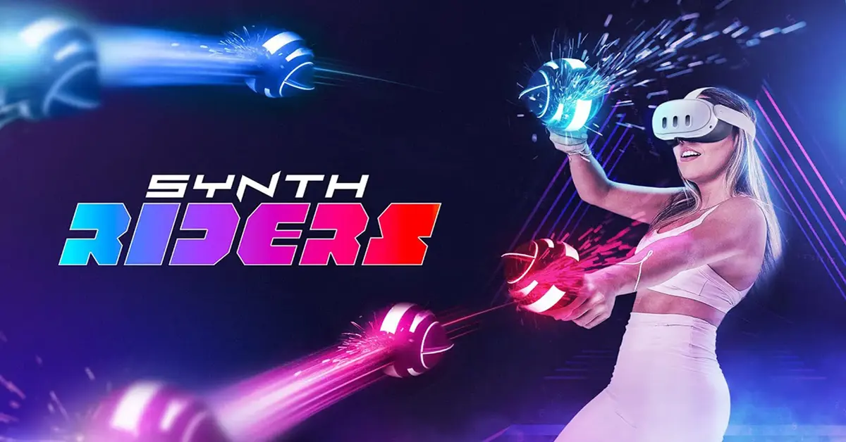 Un jugador con gafas de realidad virtual golpeando orbes de colores neón en el entorno cyberpunk de Synth Riders.
