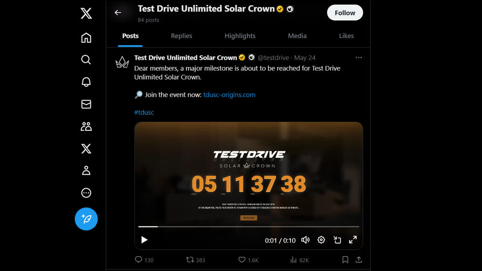 Tweet de la noticia de TDU Solar Crown con una cuenta regresiva para el 30 de mayo de 2024
