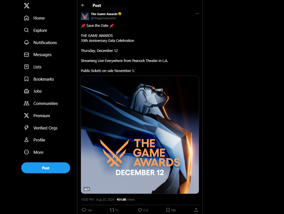Anuncio en Twitter de los Game Awards 2024