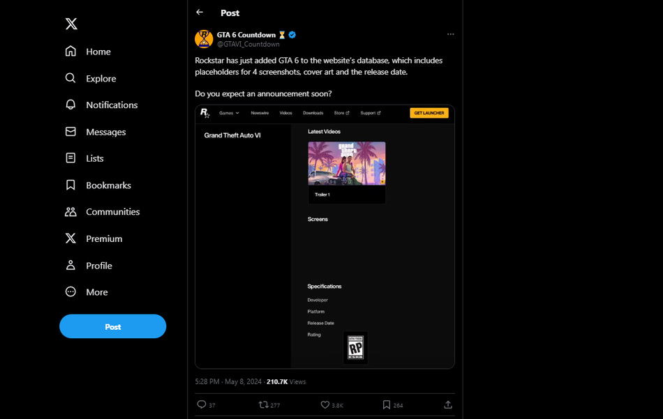 usuario @GTAVI_Countdown reportando el detalle de la página de GTA VI