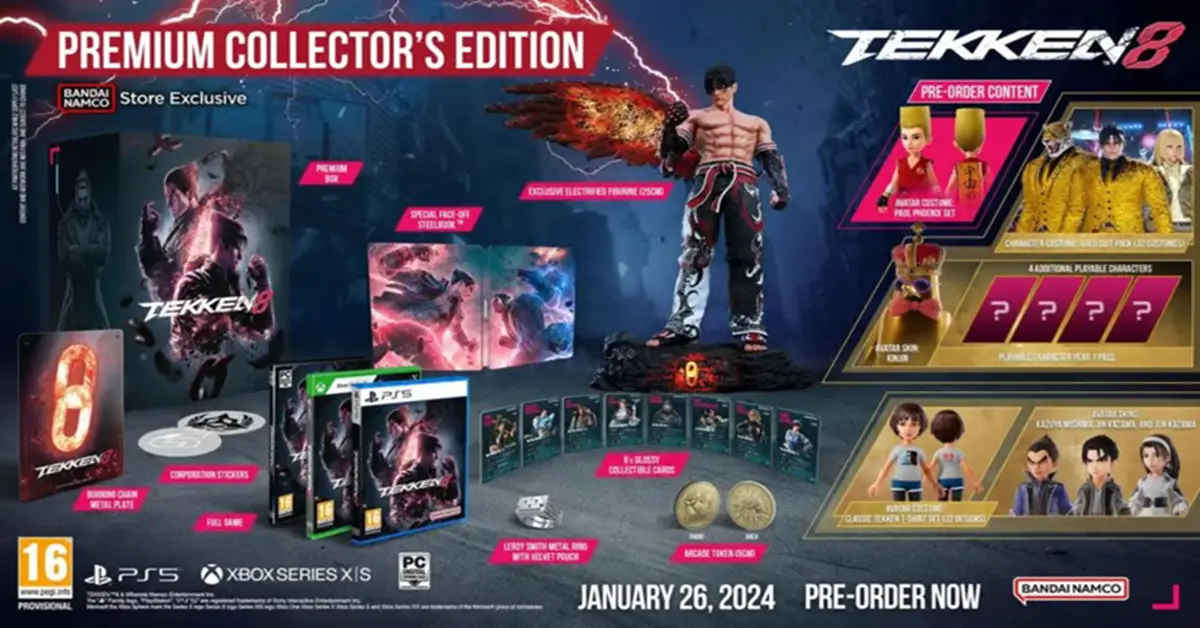 Comparación lado a lado de los modelos de personajes estándar de Tekken 8 y los artículos de personalización de avatar premium del Fight Pass.