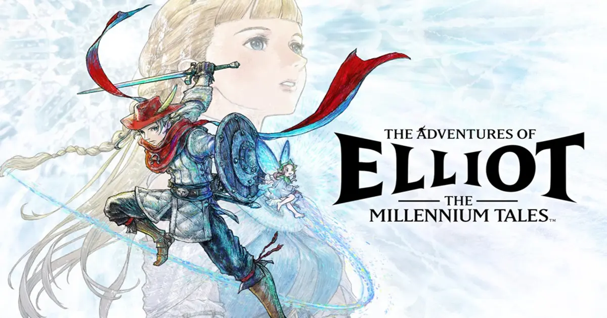 Arte promocional de The Adventures of Elliot The Millennium Tales que muestra al elenco principal