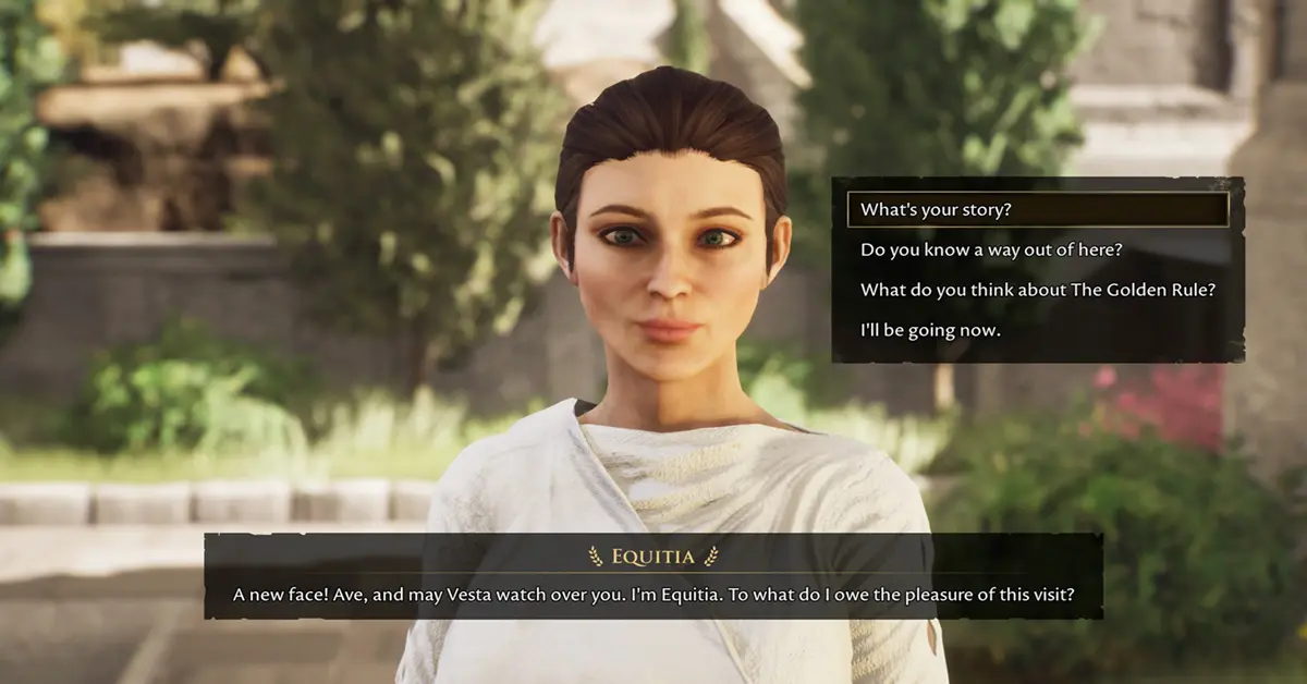 El protagonista hablando con un ciudadano romano en el mercado de The Forgotten City