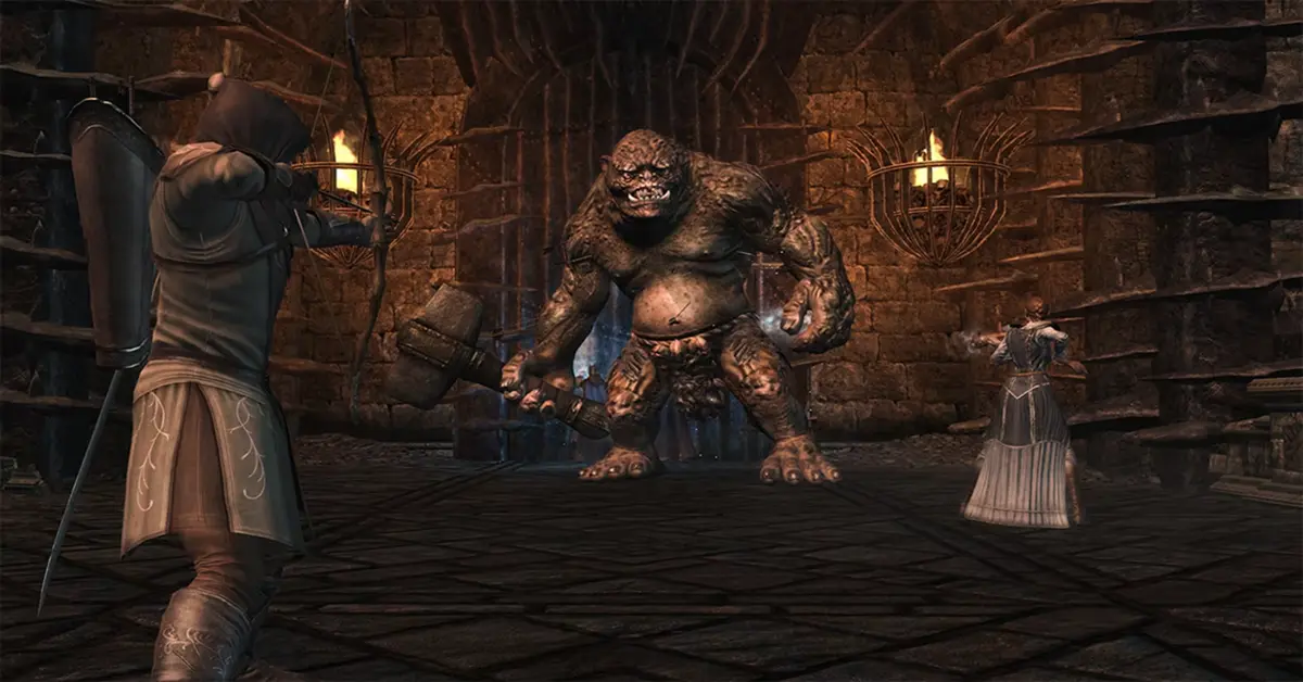 Captura de pantalla del combate táctico para tres jugadores en The Lord of the Rings: War in the North - Legacy Edition.