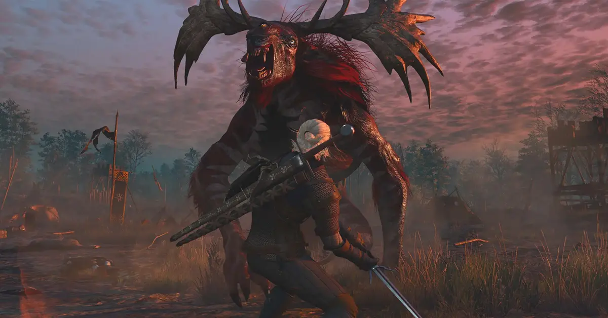 Geralt luchando contra un grifo en The Witcher 3 Wild Hunt